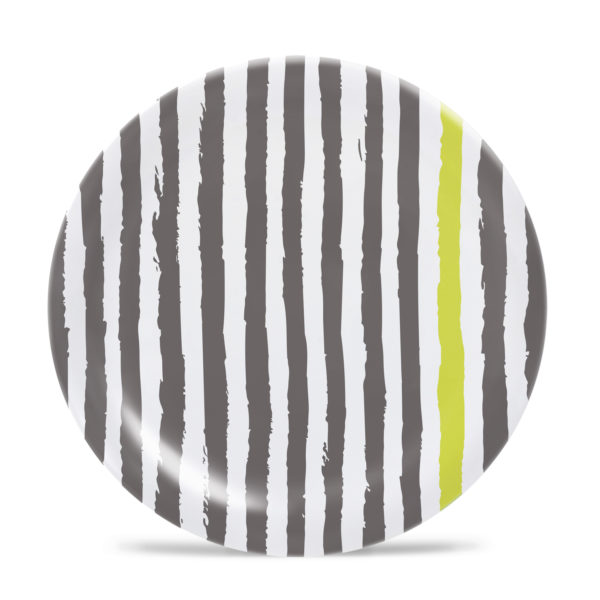 Cora - Melamine 10" Plate - Stripes & Spirals - Grey and Citrus Green